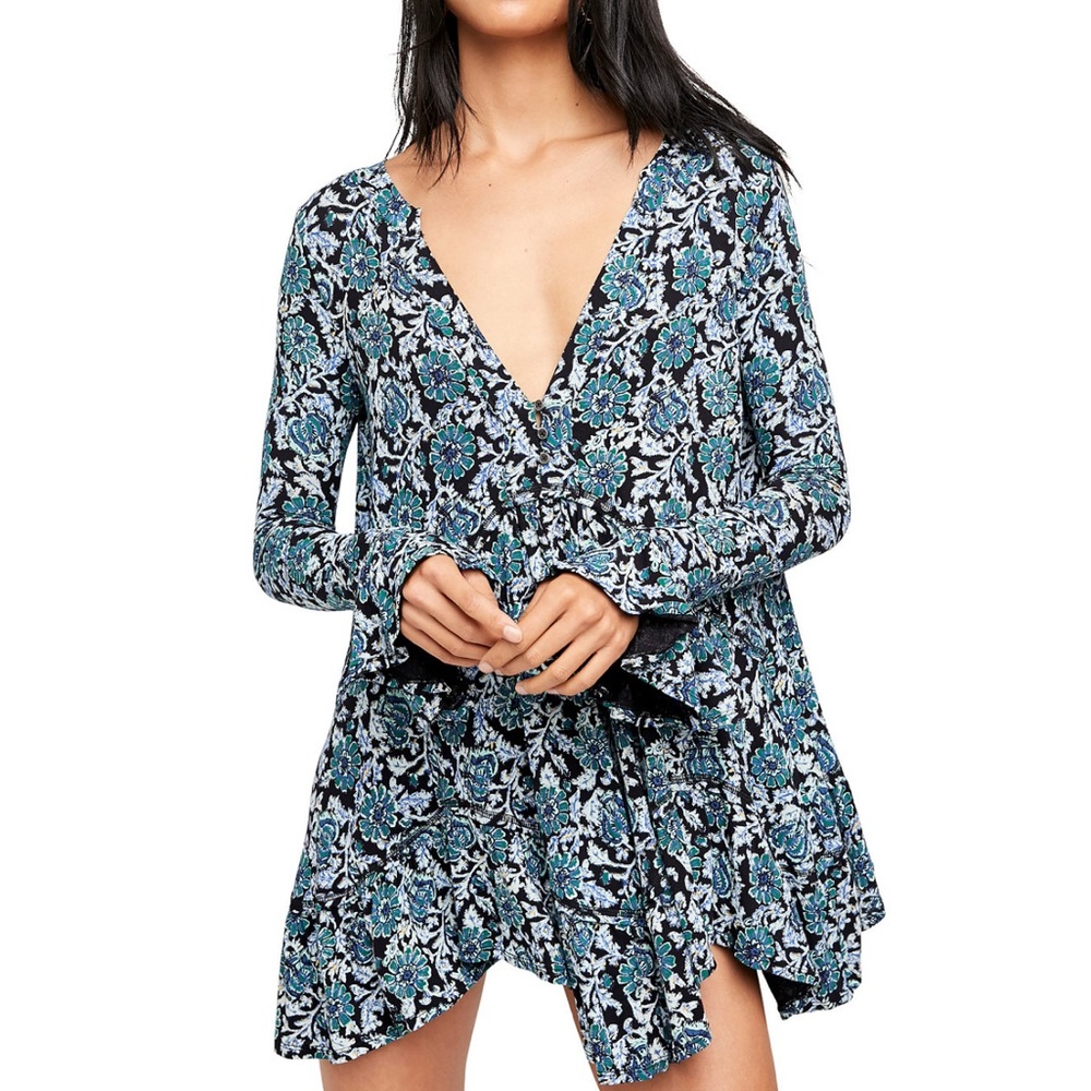 Free People Blue, black and Gray Floral Tunic